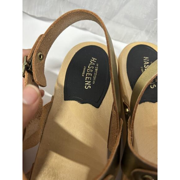 Swedish Hasbeens Rivet Sandal Wedges Leather On Trend Gold EU 39 US Size 8.5 - Picture 5 of 10